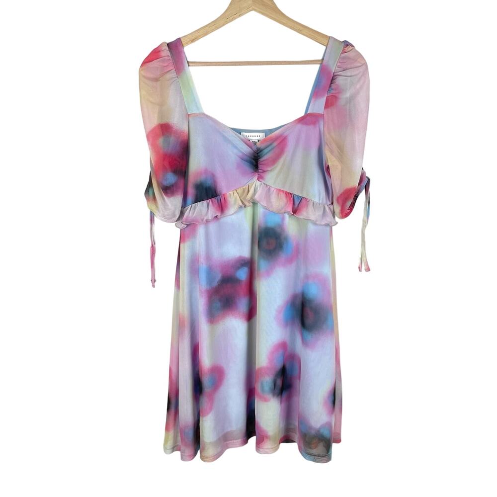 Topshop Spray Paint Floral Mini Tea Dress in Blue Purple Multi Size Medium 8-10